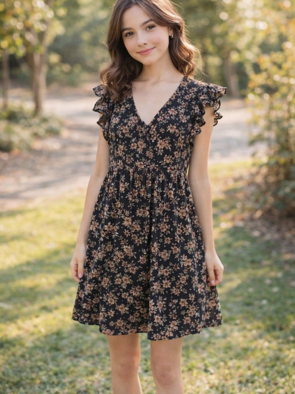Black Floral Dress Small Medium Ruffle Sleeve V Neck Boho Cottagecore NWOT